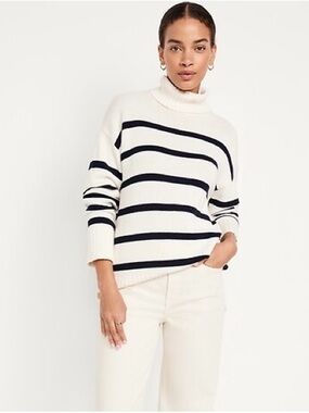 Old Navy Cream Turtleneck Tunic Sweater with Navy Stripes